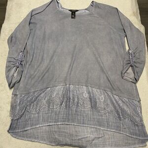 Ali Miles Tunic Top XL Blue Layered Lace Blouse Art To Wear Lagenlook